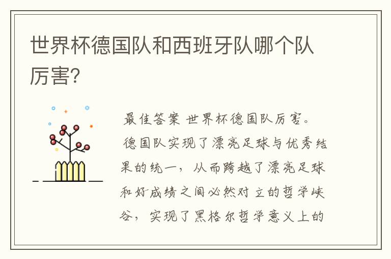 世界杯德国队和西班牙队哪个队厉害？
