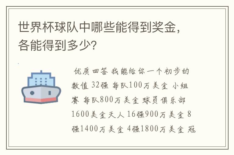 世界杯球队中哪些能得到奖金，各能得到多少？