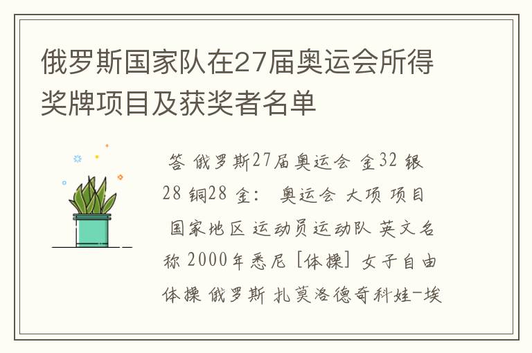 俄罗斯国家队在27届奥运会所得奖牌项目及获奖者名单