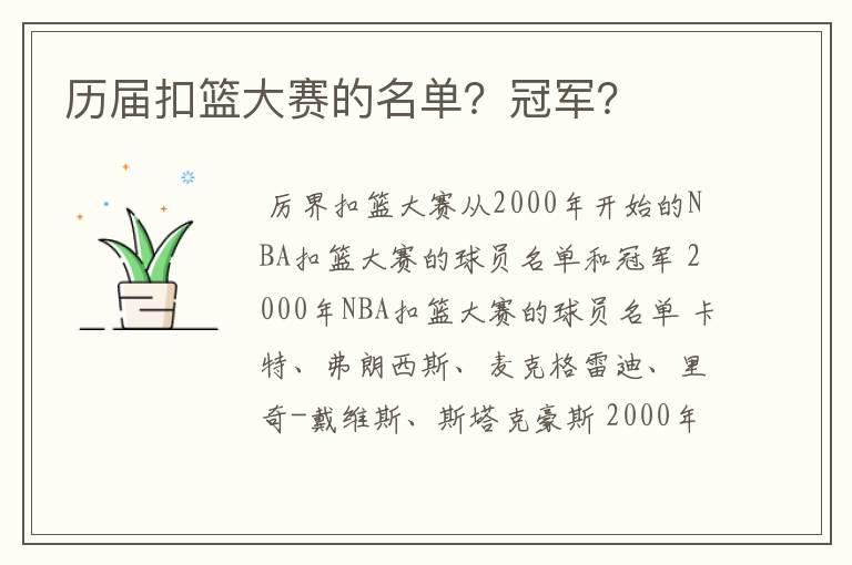 历届扣篮大赛的名单?冠军?