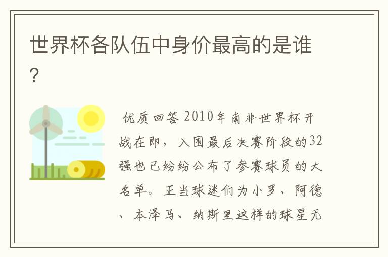 世界杯各队伍中身价最高的是谁?