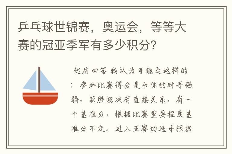 乒乓球世锦赛，奥运会，等等大赛的冠亚季军有多少积分？
