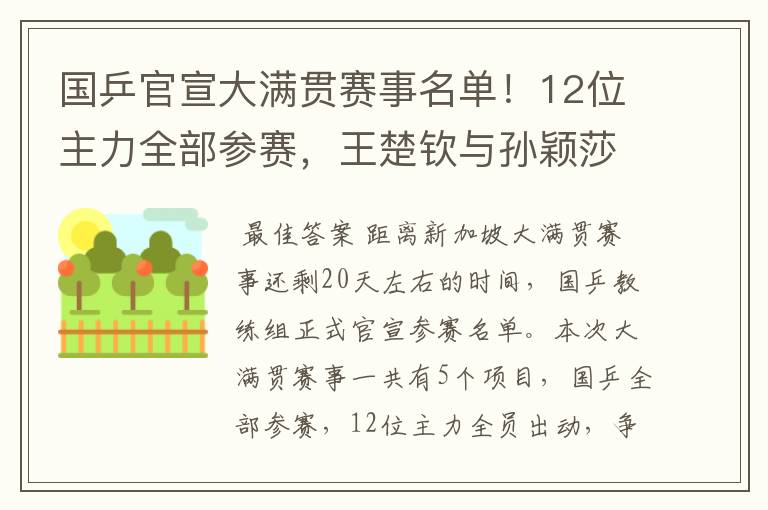 国乒官宣大满贯赛事名单！12位主力全部参赛，王楚钦与孙颖莎很累
