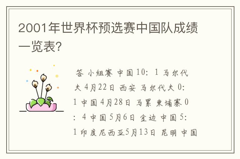 2001年世界杯预选赛中国队成绩一览表？