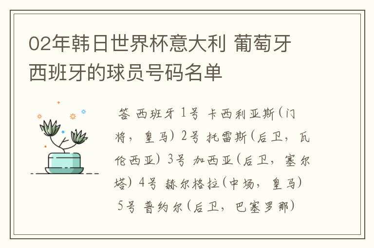 02年韩日世界杯意大利 葡萄牙 西班牙的球员号码名单