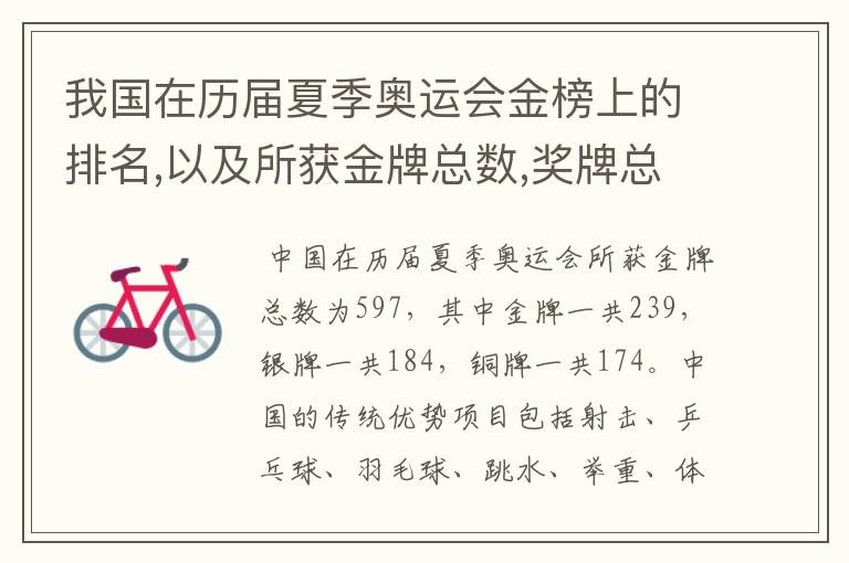 我国在历届夏季奥运会金榜上的排名,以及所获金牌总数,奖牌总数,奖牌分布等情况