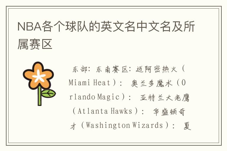 NBA各个球队的英文名中文名及所属赛区