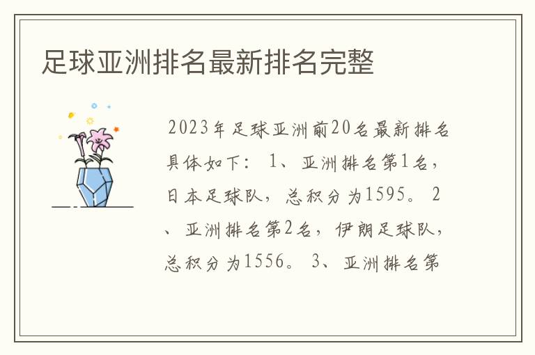 足球亚洲排名最新排名完整