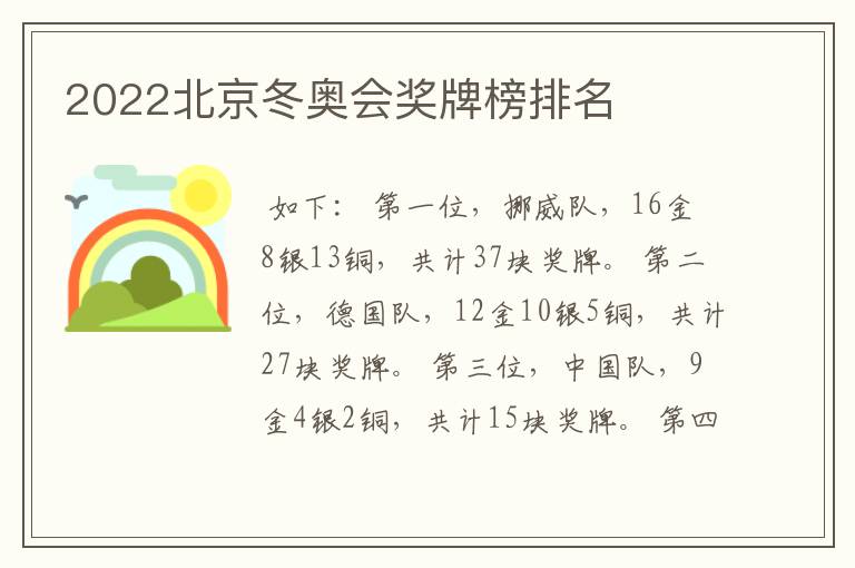 2022北京冬奥会奖牌榜排名