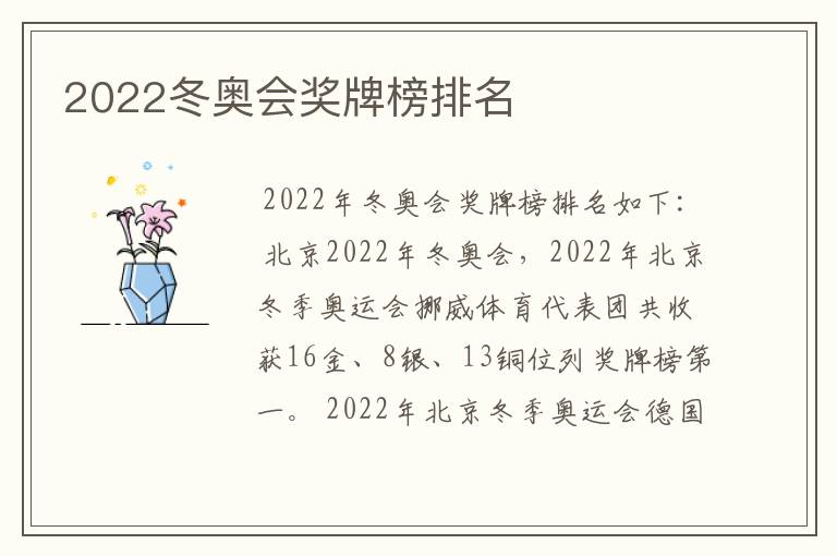 2022冬奥会奖牌榜排名