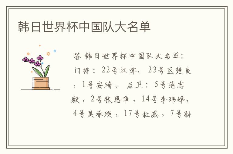韩日世界杯中国队大名单