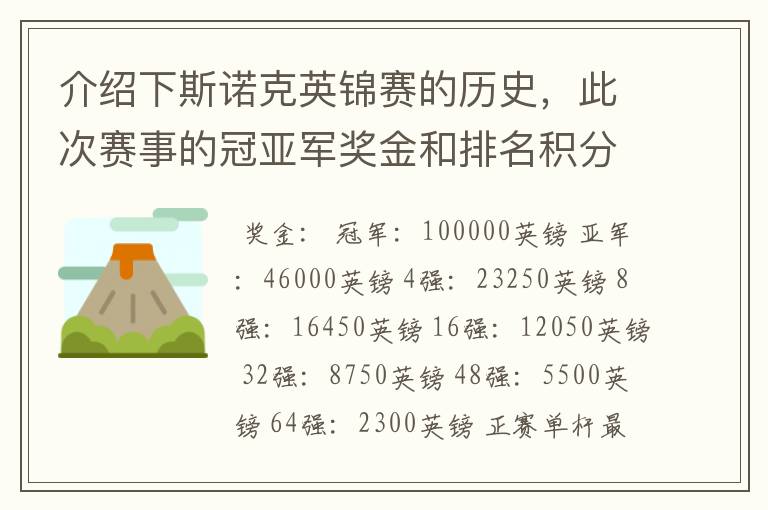 介绍下斯诺克英锦赛的历史,此次赛事的冠亚军奖金和排名积分各是多少?
