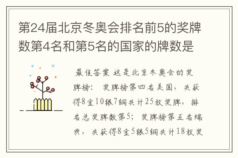 第24届北京冬奥会排名前5的奖牌数第4名和第5名的国家的牌数是多少？