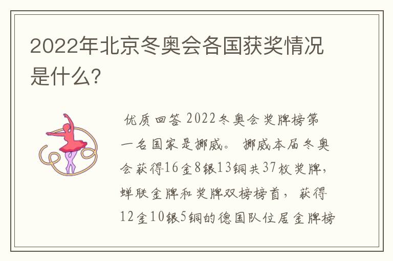 2022年北京冬奥会各国获奖情况是什么?