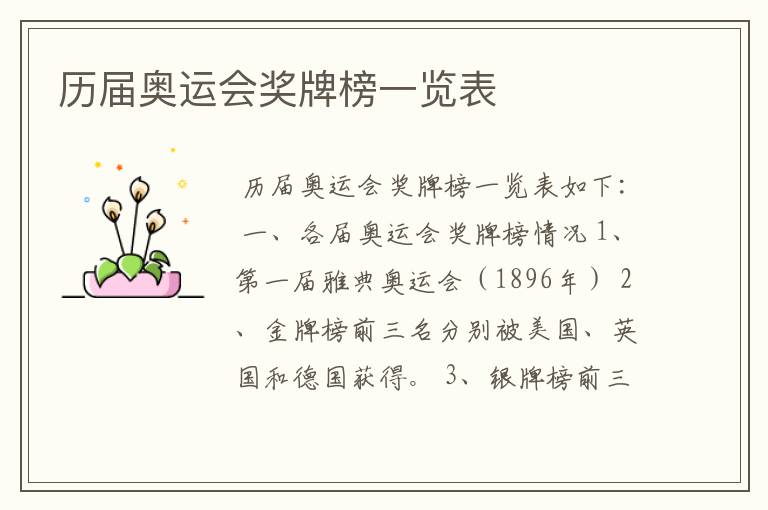 历届奥运会奖牌榜一览表