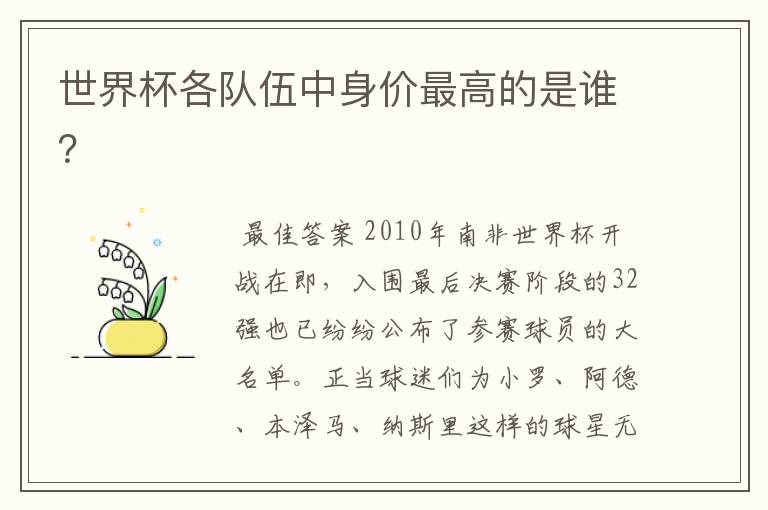 世界杯各队伍中身价最高的是谁?