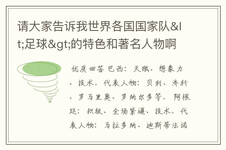 请大家告诉我世界各国国家队<足球>的特色和著名人物啊.以及特长啊