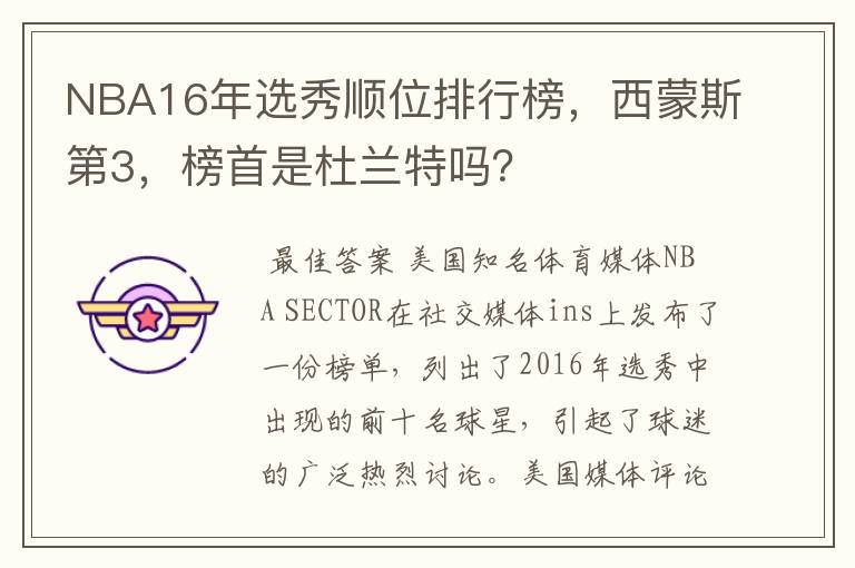 NBA16年选秀顺位排行榜,西蒙斯第3,榜首是杜兰特吗?
