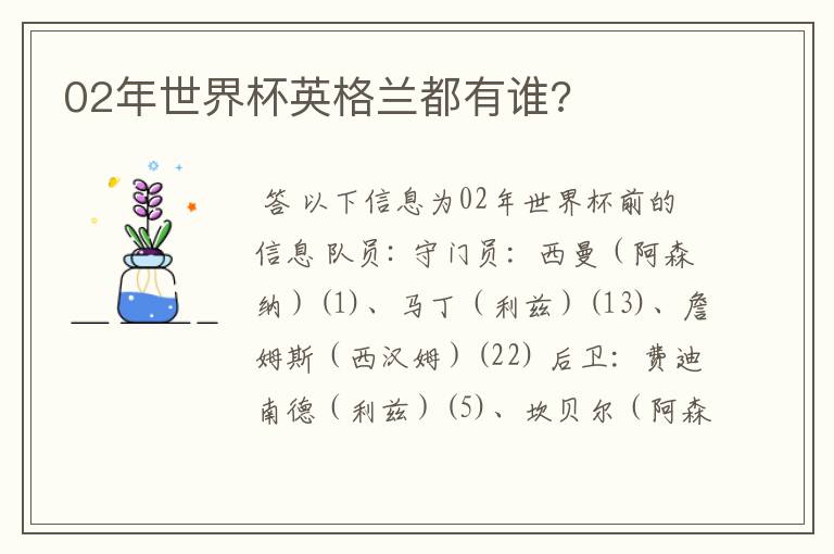 02年世界杯英格兰都有谁?