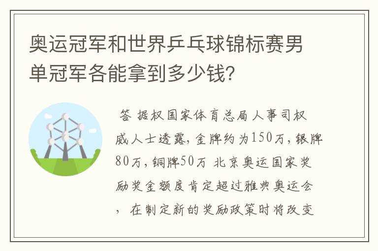 奥运冠军和世界乒乓球锦标赛男单冠军各能拿到多少钱?