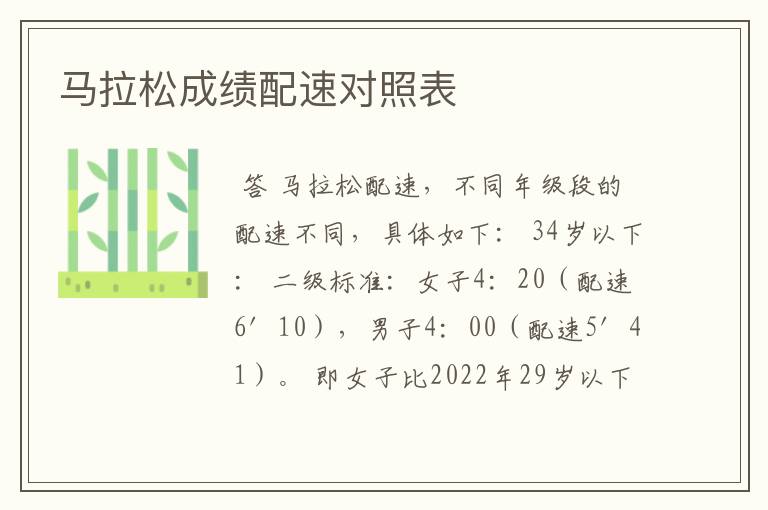 马拉松成绩配速对照表