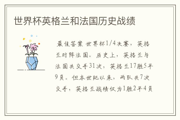 世界杯英格兰和法国历史战绩