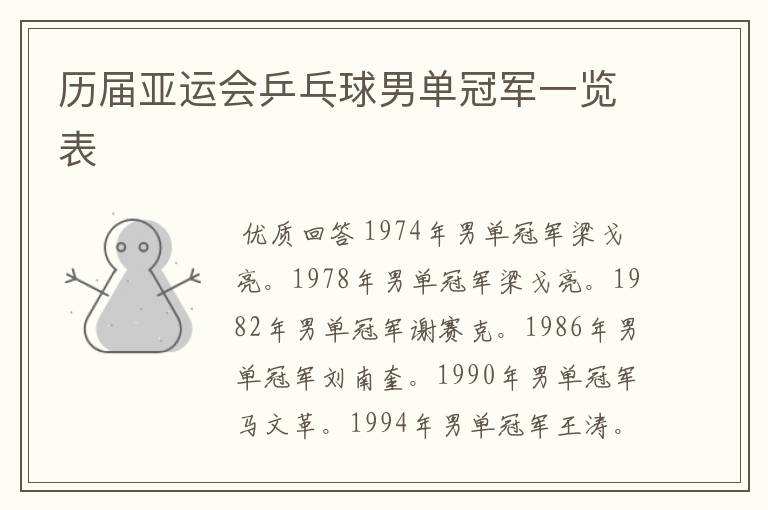 历届亚运会乒乓球男单冠军一览表