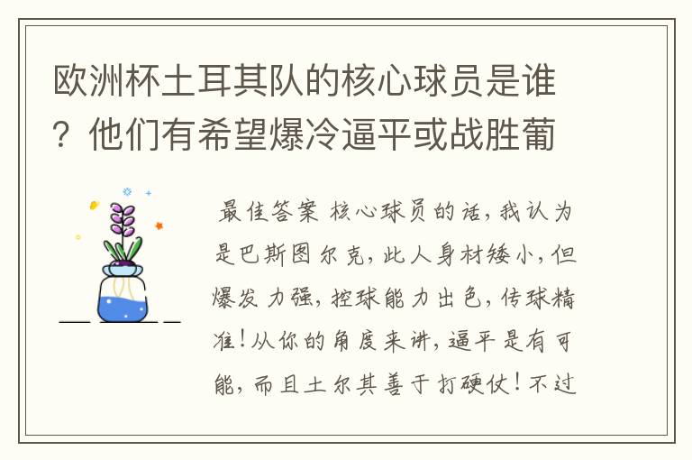 欧洲杯土耳其队的核心球员是谁？他们有希望爆冷逼平或战胜葡萄牙吗？
