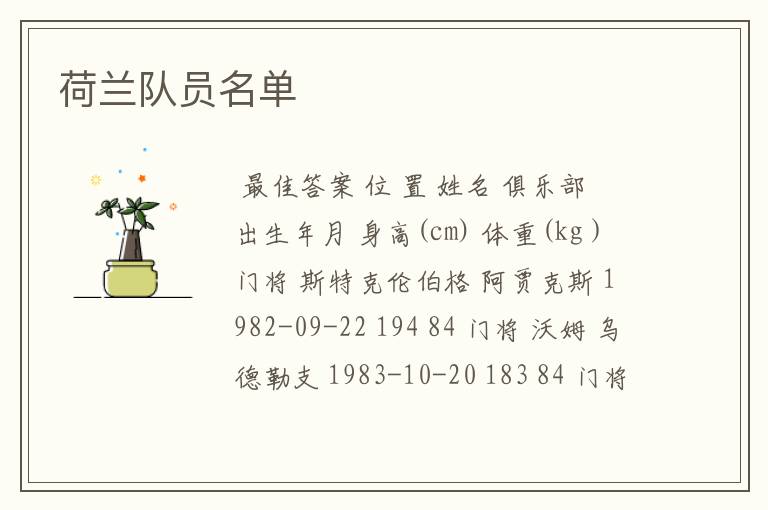 荷兰队员名单