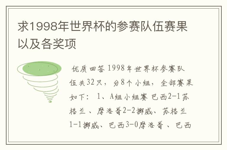 求1998年世界杯的参赛队伍赛果以及各奖项