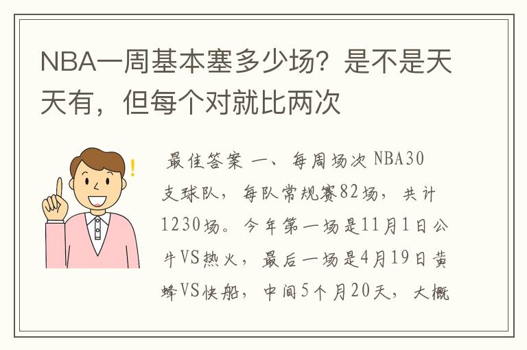 NBA一周基本塞多少场？是不是天天有，但每个对就比两次