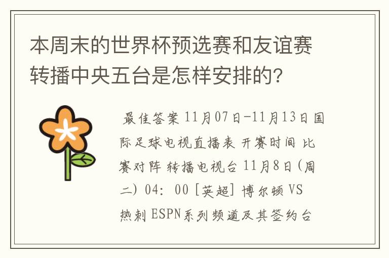 本周末的世界杯预选赛和友谊赛转播中央五台是怎样安排的?