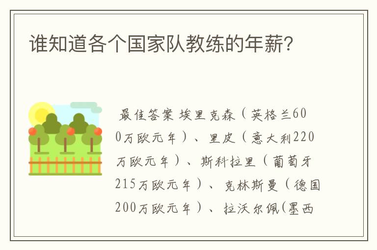 谁知道各个国家队教练的年薪?