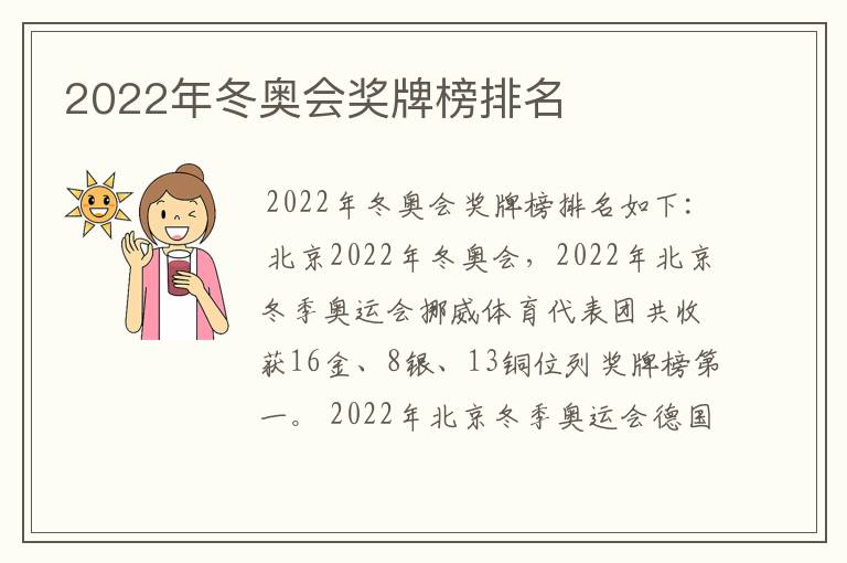 2022年冬奥会奖牌榜排名
