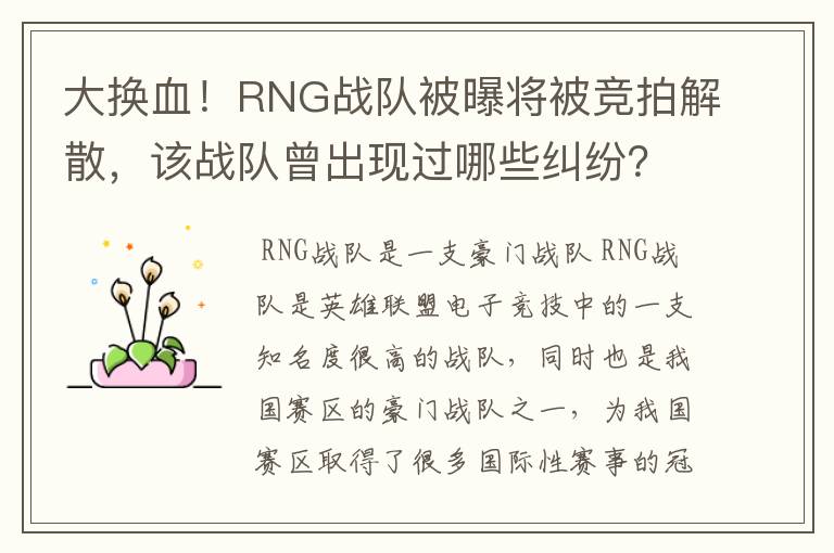 大换血!RNG战队被曝将被竞拍解散,该战队曾出现过哪些纠纷?