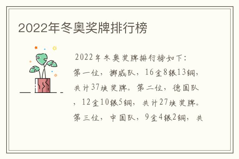 2022年冬奥奖牌排行榜