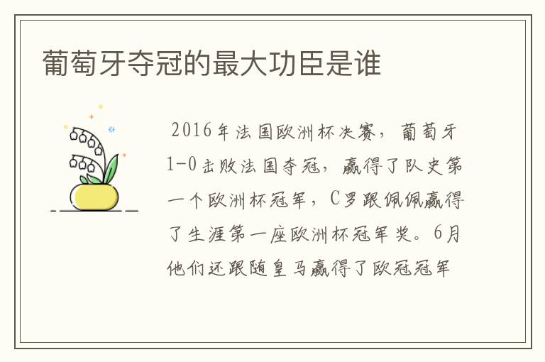 葡萄牙夺冠的最大功臣是谁