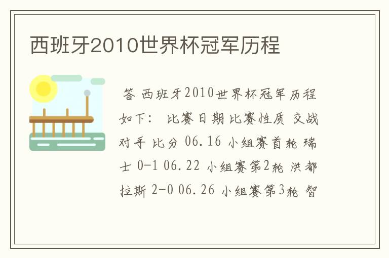 西班牙2010世界杯冠军历程