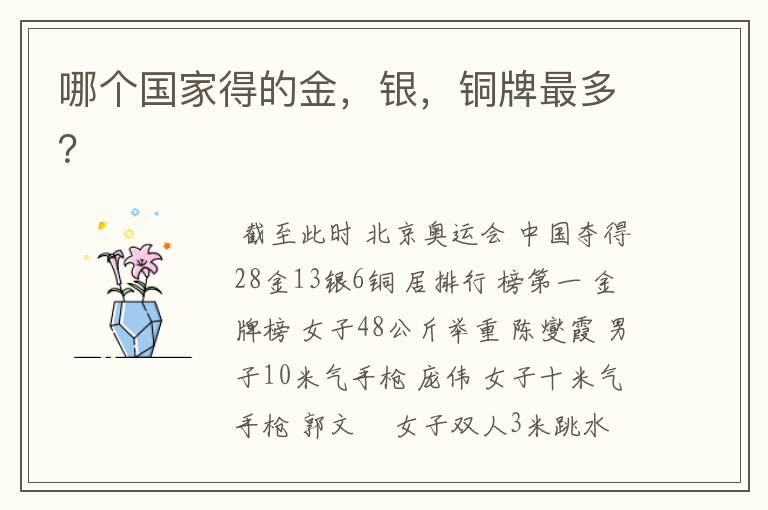 哪个国家得的金,银,铜牌最多?