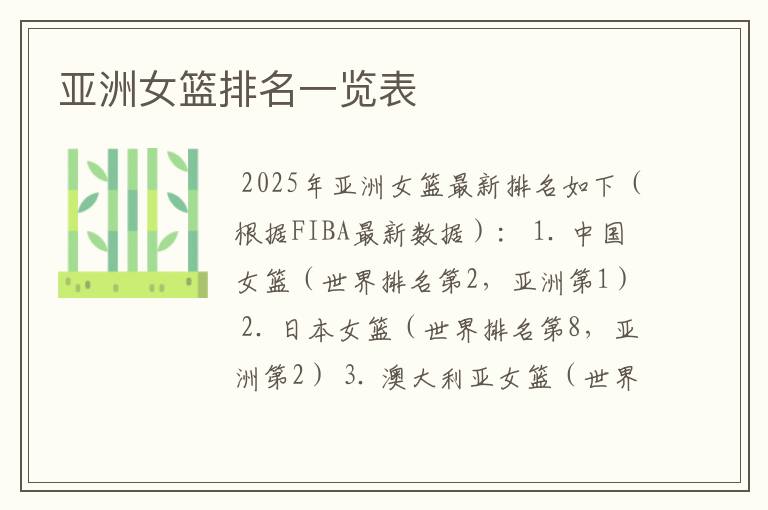 亚洲女篮排名一览表