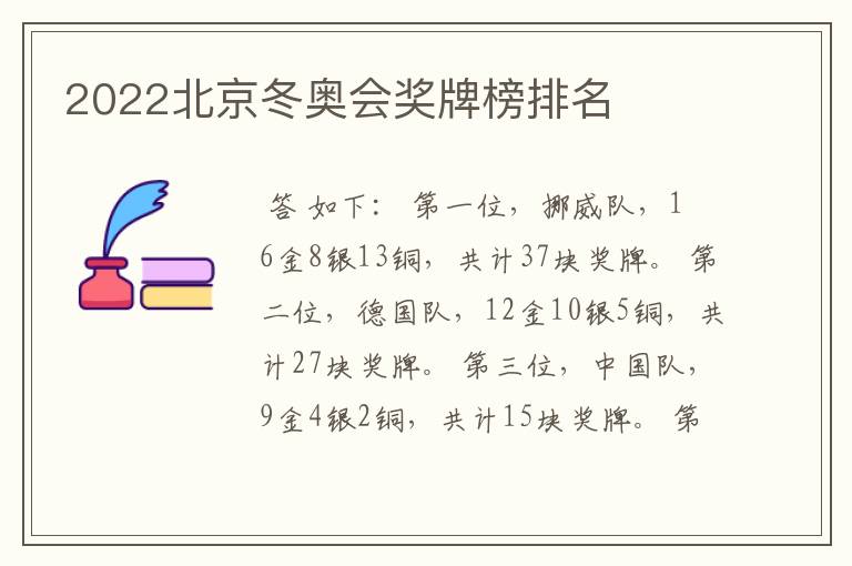 2022北京冬奥会奖牌榜排名