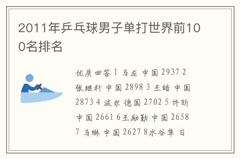 2011年乒乓球男子单打世界前100名排名