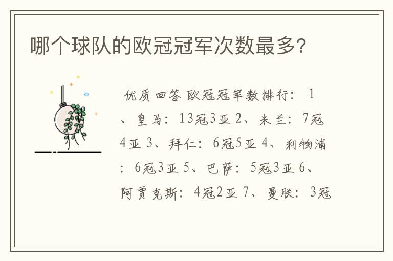 哪个球队的欧冠冠军次数最多?