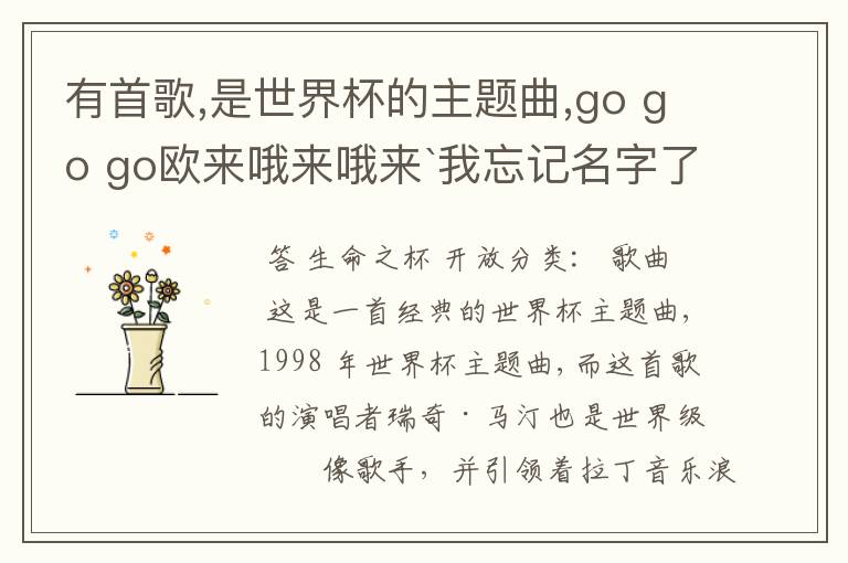 有首歌,是世界杯的主题曲,go go go欧来哦来哦来`我忘记名字了