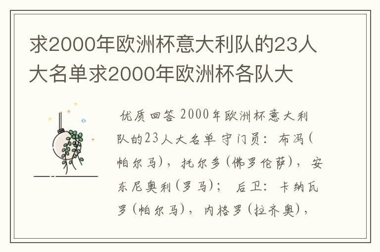 求2000年欧洲杯意大利队的23人大名单求2000年欧洲杯各队大