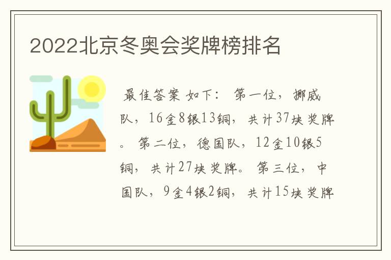 2022北京冬奥会奖牌榜排名