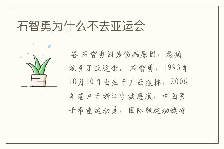 石智勇为什么不去亚运会