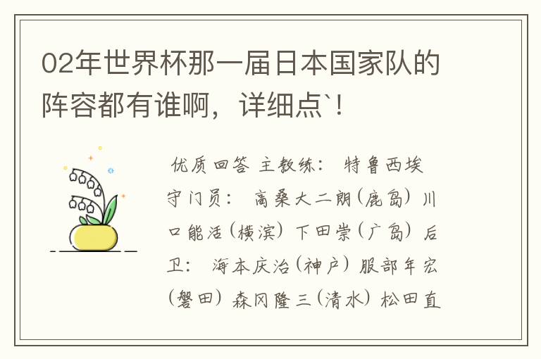 02年世界杯那一届日本国家队的阵容都有谁啊,详细点`!