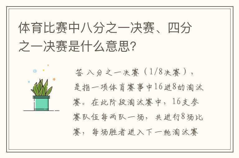 体育比赛中八分之一决赛、四分之一决赛是什么意思？