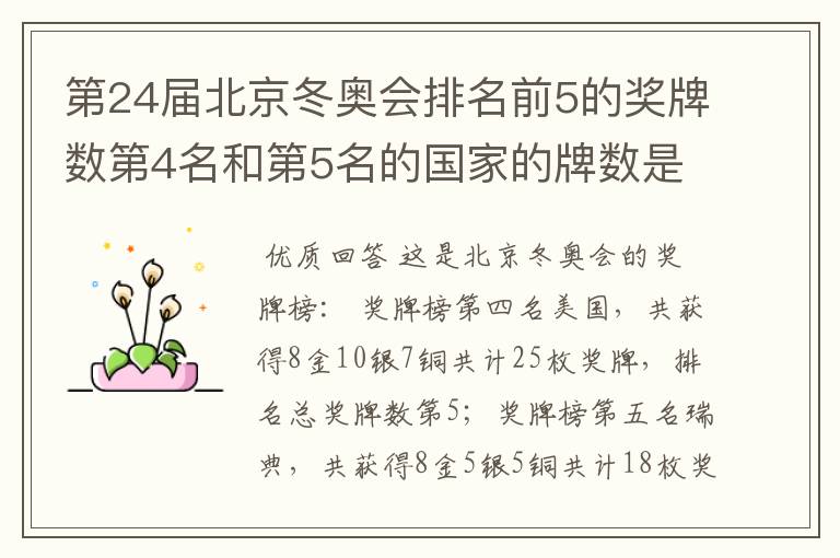 第24届北京冬奥会排名前5的奖牌数第4名和第5名的国家的牌数是多少?